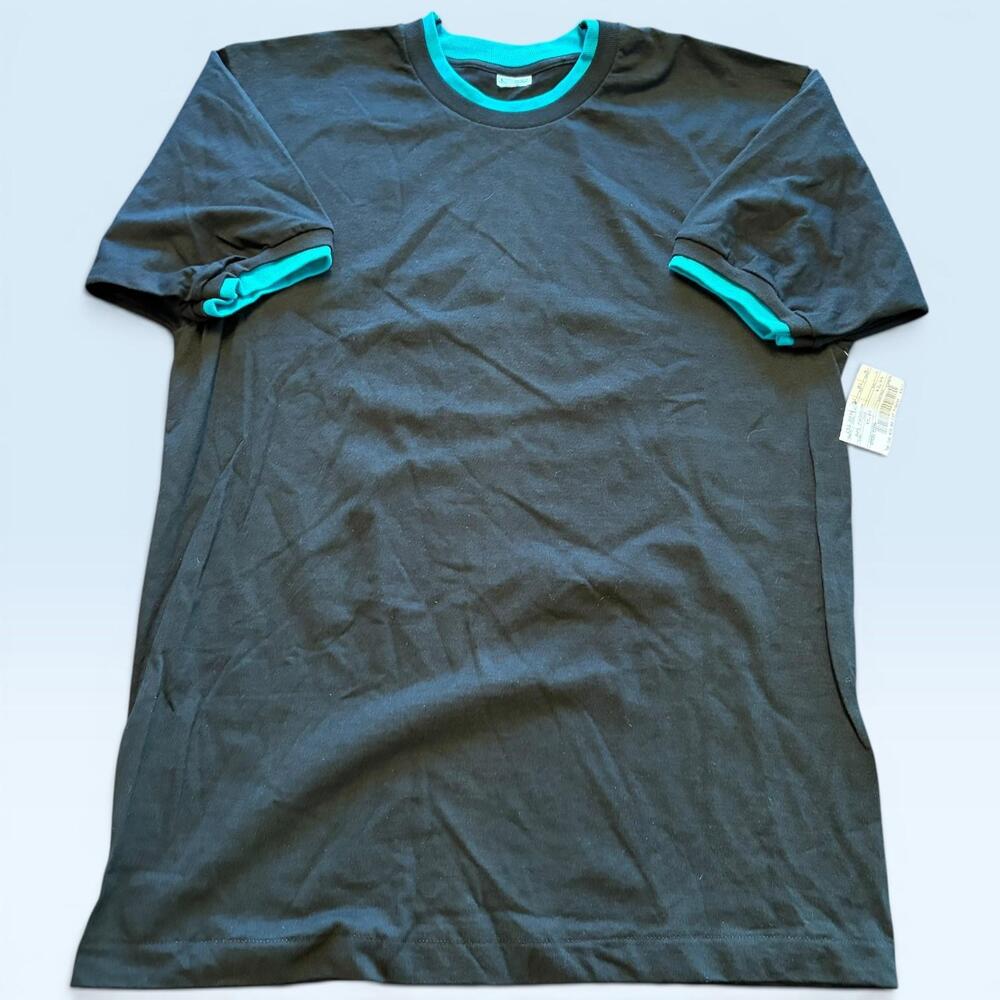 Vtg Fruit Of The Loom Shirt Mens Large Black Teal Ringer Tee T-Shirt Blank Basic